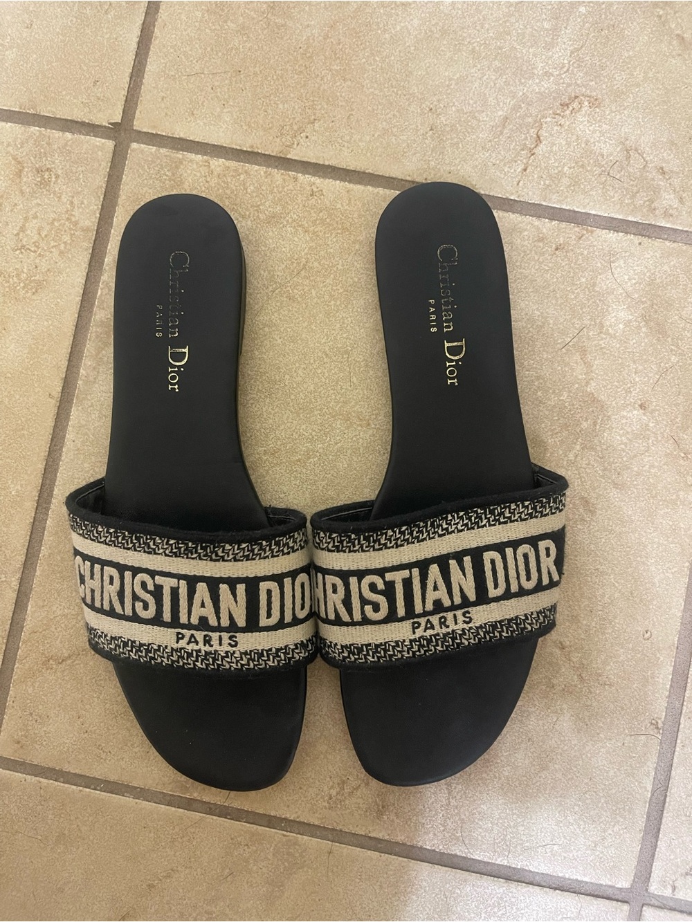 Dior Black and Beige Logo Slide Sandals - Women's